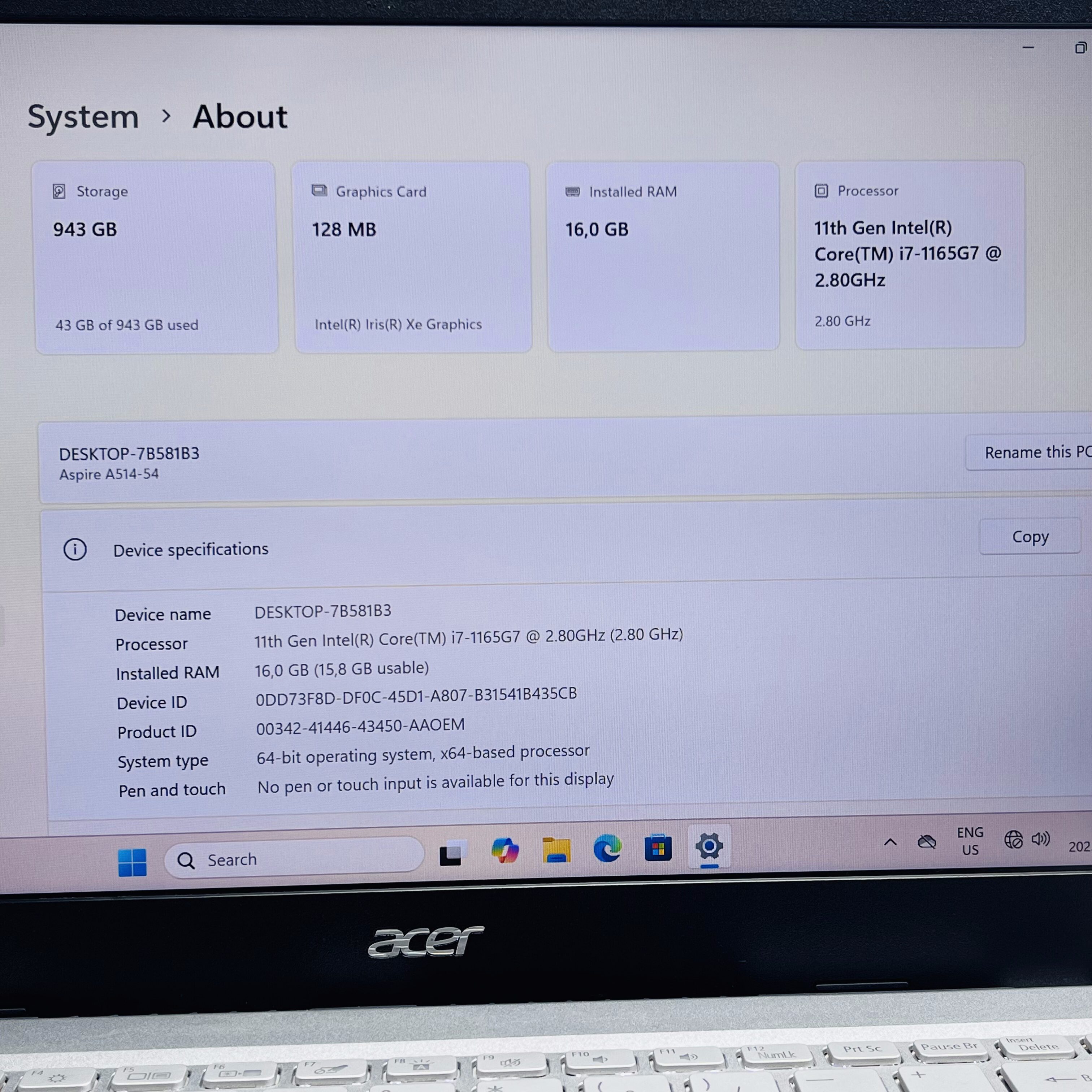 Acer Aspire 5 A514-54-77QU 11th Gen 2.80GHz "Core i7" 16GB RAM 500GB SSD And 500GB HDD Silver - No Battery - Image 13