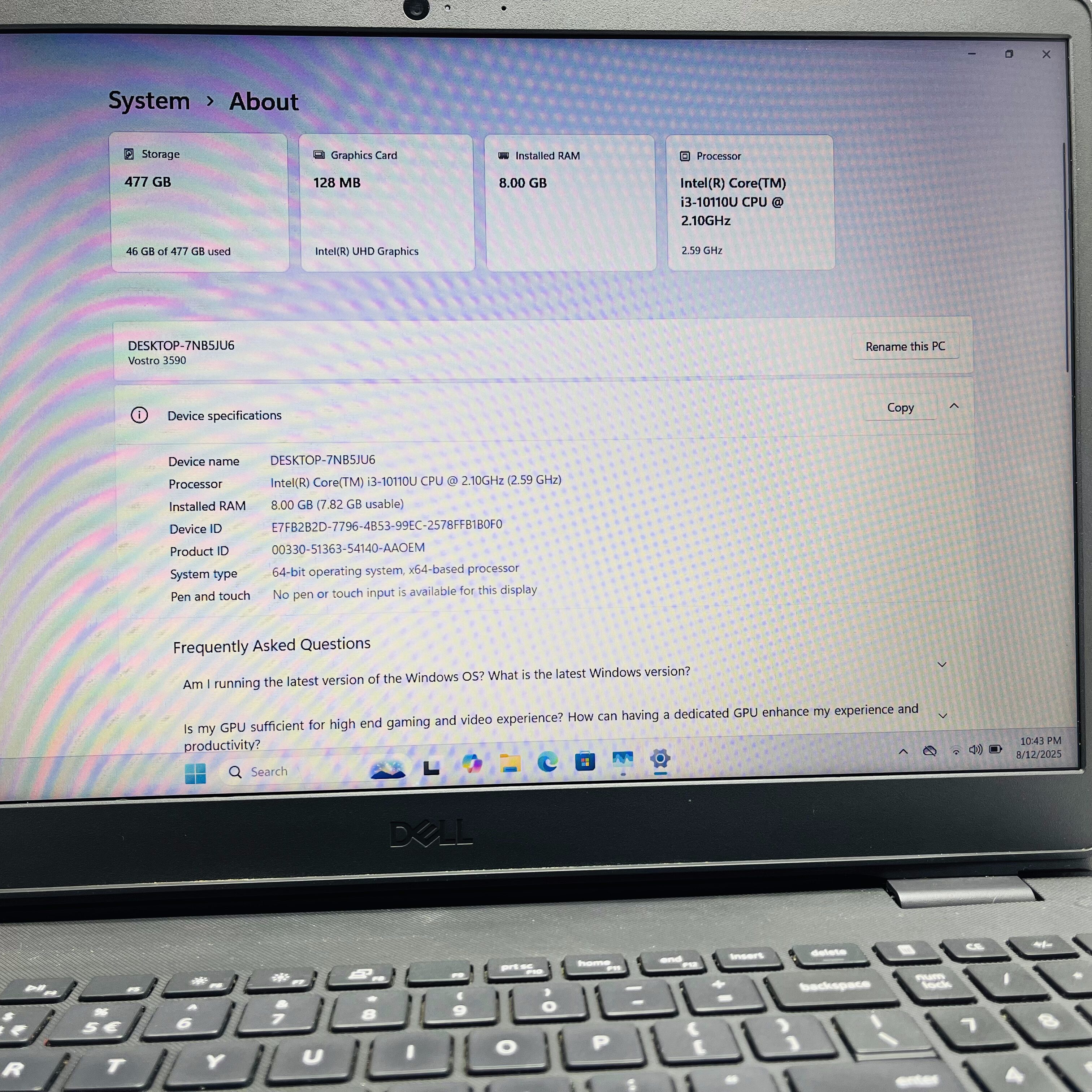 Dell Vostro 3591 10th Gen "Core i3" 2.10GHz 8GB RAM 500GB SSD (NVMe) Black - Minor Bright Spots - Image 15