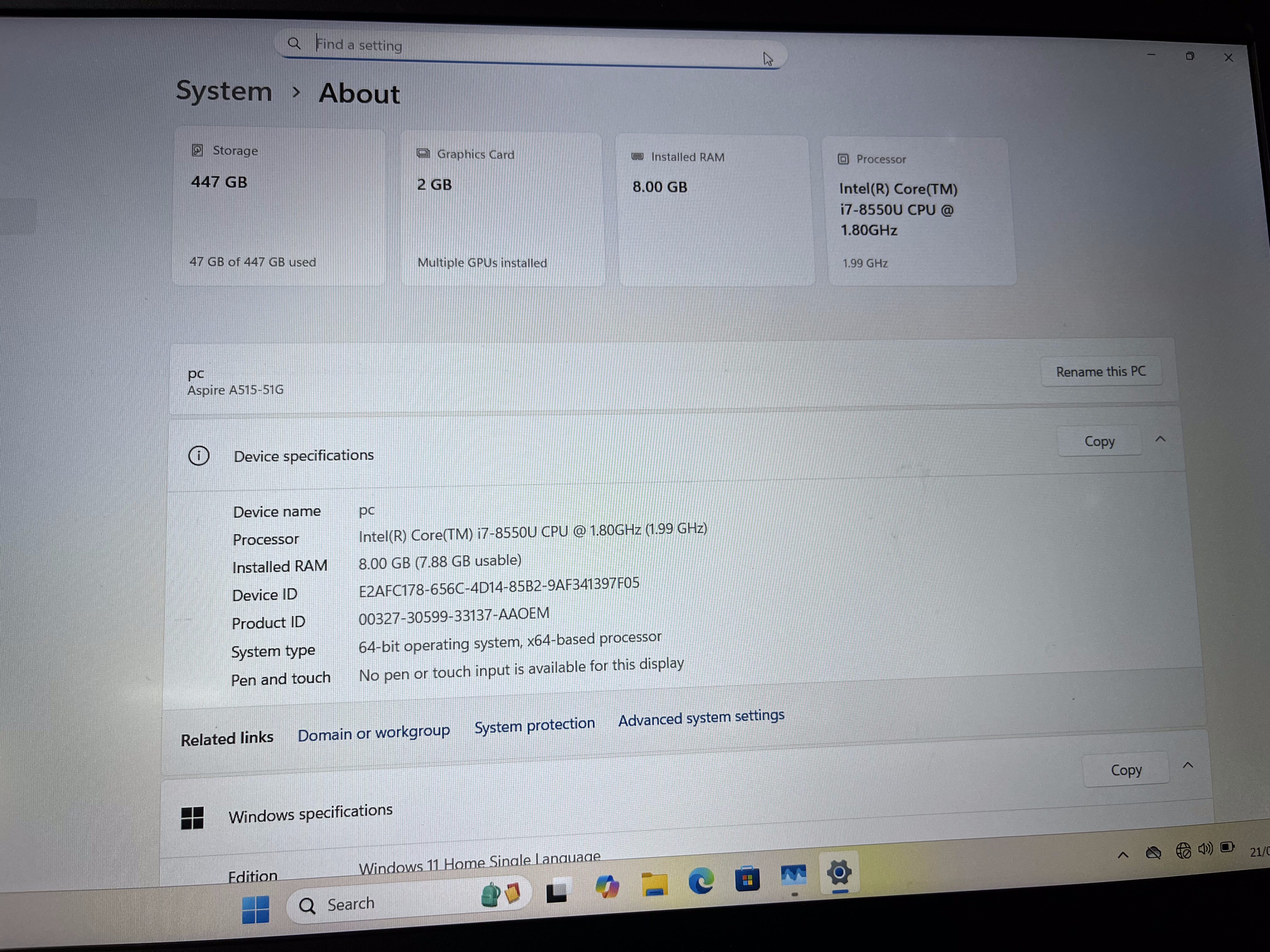 Acer Aspire A515-51 8th Gen "Core i7" 1.80GHz 8GB RAM 500GB SSD Grey - Minor Bright Spots And Cracked Casing - Image 19