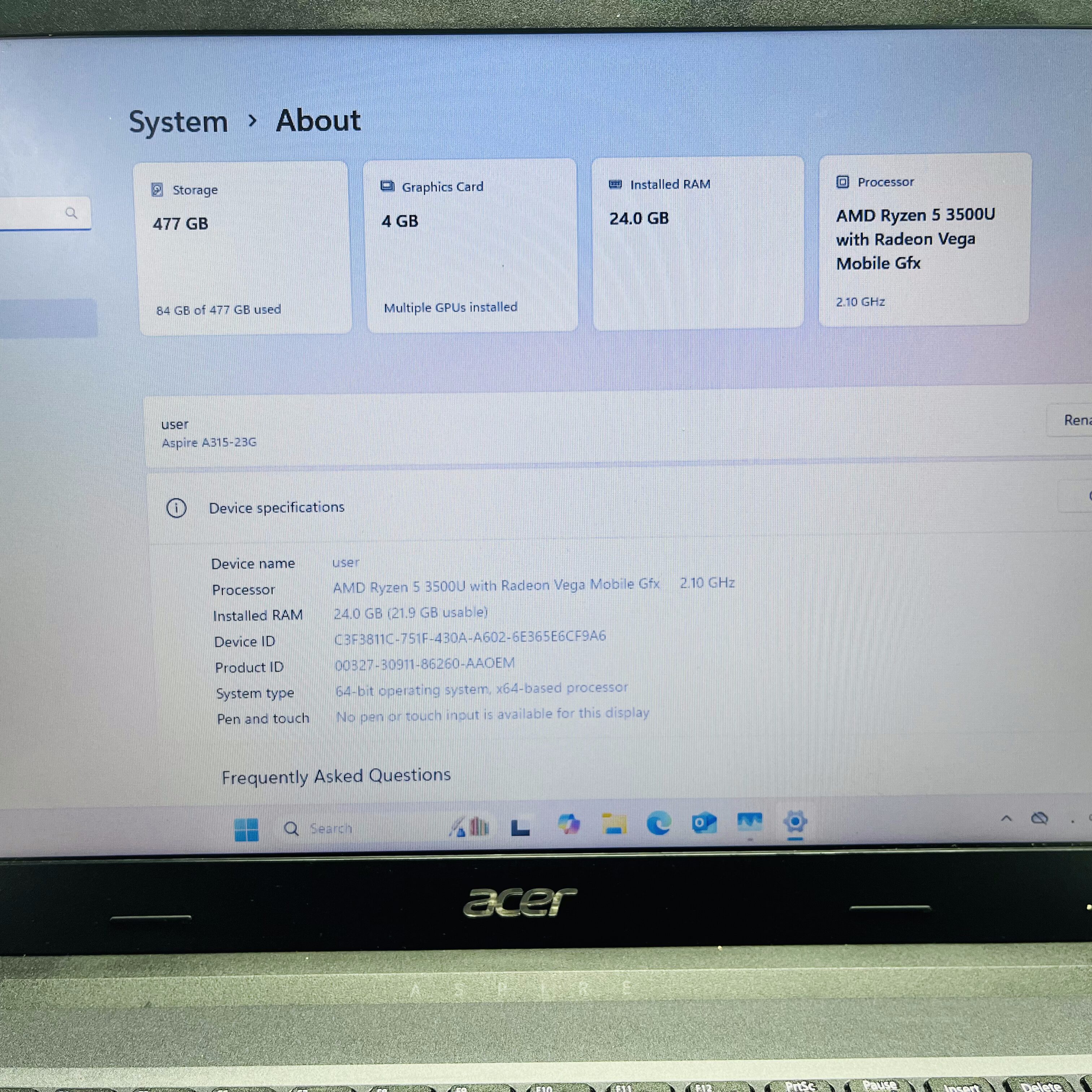 Acer Aspire 3 A315-23 Ryzen 5 2.10GHz 24GB RAM 500GB SSD (NVME) Black - Image 18