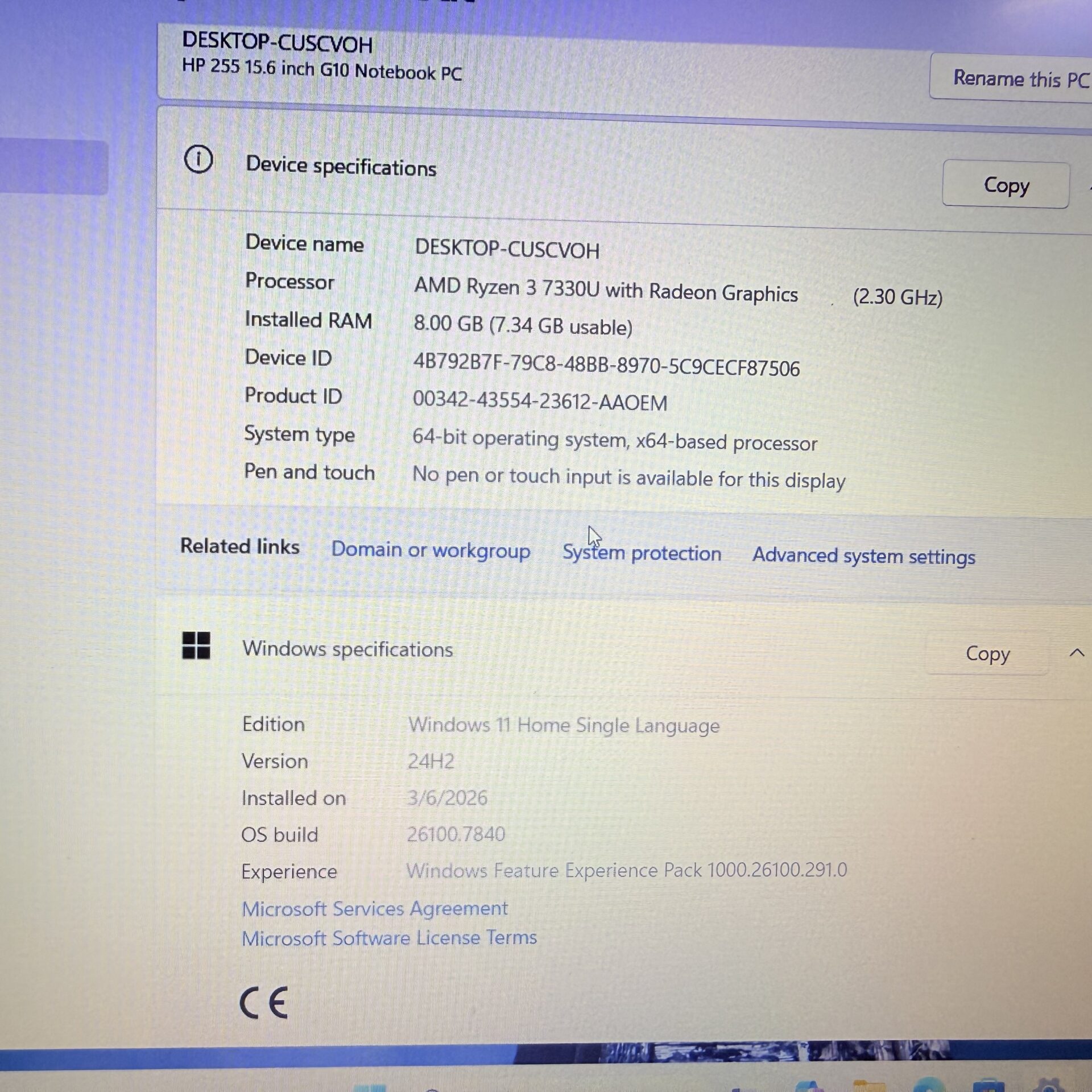 HP 255 G10 "Ryzen 3" 2.30GHz 8GB RAM 256GB SSD NMVe Silver - (Grade B) - Image 13