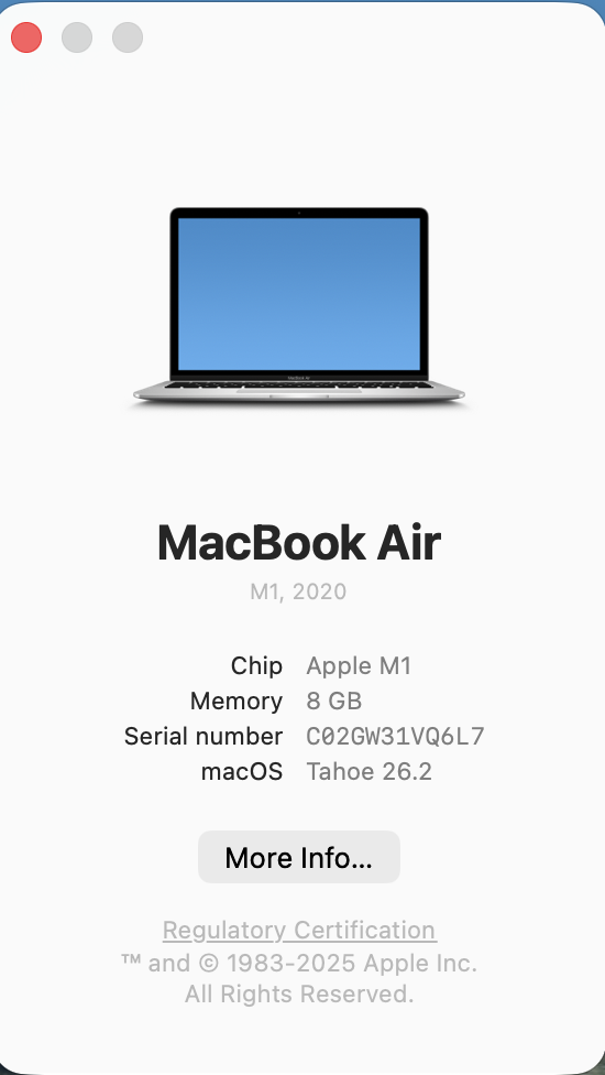 【使用回数数回】MACBOOK AIR M1 Chip 256GB Apple MacBook Air “M1” 13-Inch 8CPU/7GPU (2020) 8GB RAM 256GB