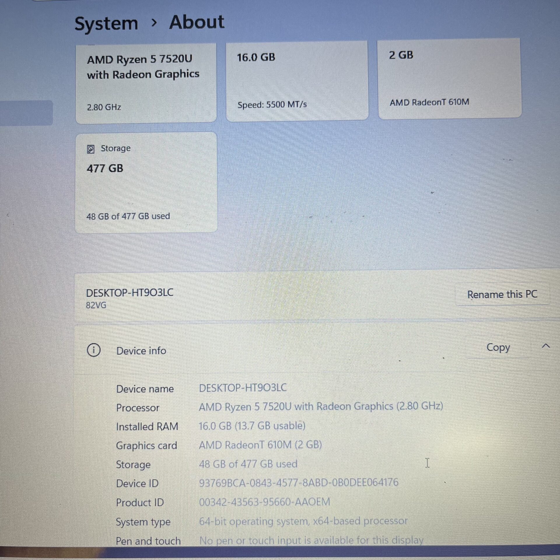 Lenovo Ideapad 1 15AMN7 "Ryzen 5" 2.80GHz 16GB RAM 512GB SSD Cloud Grey (Condition: Good) - Hinge cover missing - Image 13