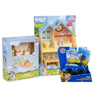 COMBO DEAL: Mini Bluey Home, Wooden Tea Party Set and Chase Patrol Cruiser (Condition: Good)