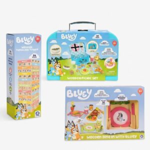 COMBO DEAL: Bluey Wooden Combo Set - Dine In, Picnic Set and Tumbling Tower (Condition: Good)