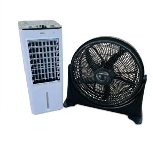 COMBO: Alva 12L Evaporative Air Cooler White + Mellerware Floor Fan 5 Blade Black (Condition: Good)