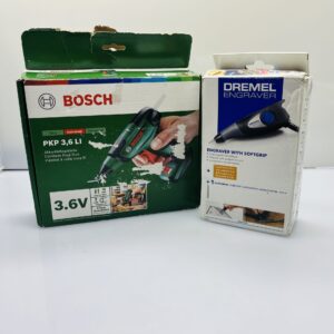 COMBO DEAL: Dremel Professional 290-1 35W engraver with Stencil + Bosch PKP 3.6V 1.5Ah Lithium Cordless Glue Gun Green (Condition: Good)