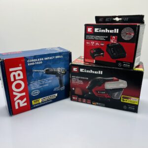 COMBO DEAL: Ryobi 18V Li-Ion Impact Drill 13Mm 40Nm Battery and Charger NOT Included + Einhell TE -OS 18/150 LI Solo Cordless Multiple Sander + Einhell Power X-Change 4.0Ah Battery Starter Kit (Condition: Good)
